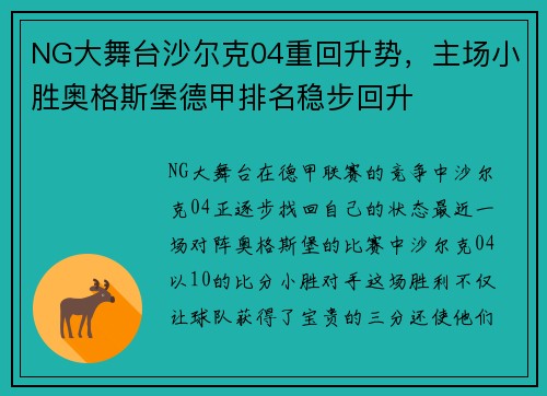 NG大舞台沙尔克04重回升势，主场小胜奥格斯堡德甲排名稳步回升