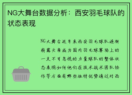 NG大舞台数据分析：西安羽毛球队的状态表现